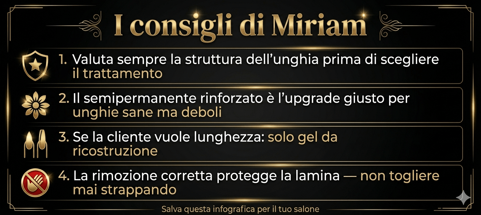 Infografica con i consigli di Miriam Barca su come scegliere tra gel e semipermanente per ogni tipologia di unghia